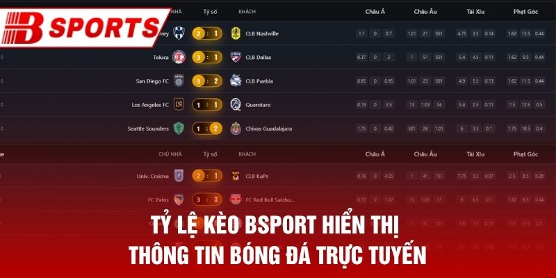 Tỷ lệ kèo Bsport hiển thị thông tin bóng đá trực tuyến